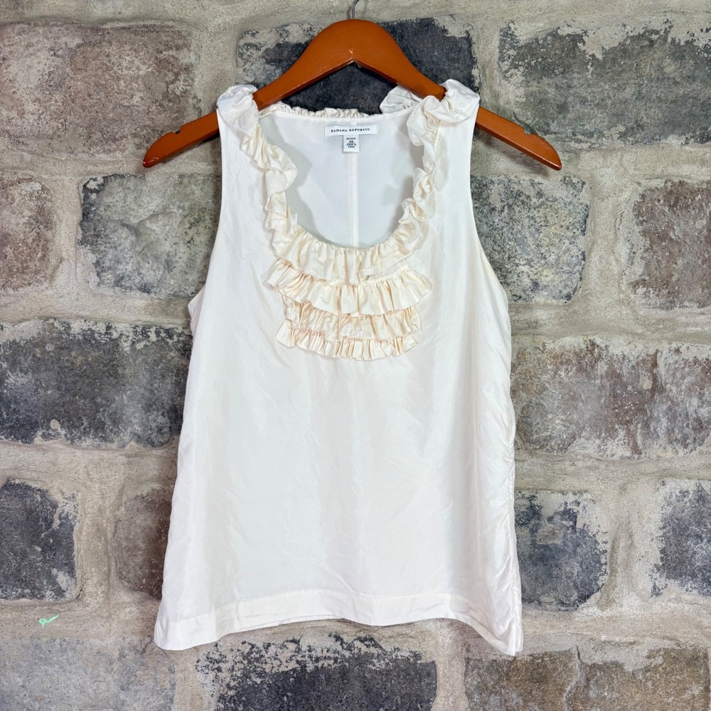 Banana Republic Silk Ruffle Bib Tank Top Cream Ivory Sleeveless Petite XS Classy
